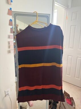 LOFT Burgundy Sleeveless Turtleneck Sweater with Navy, Mustard & Rust Stripes